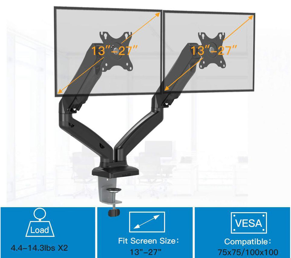 HUANUO HNDSK1 dual monitor stand installed with a 27-inch and a 15-inch displays
